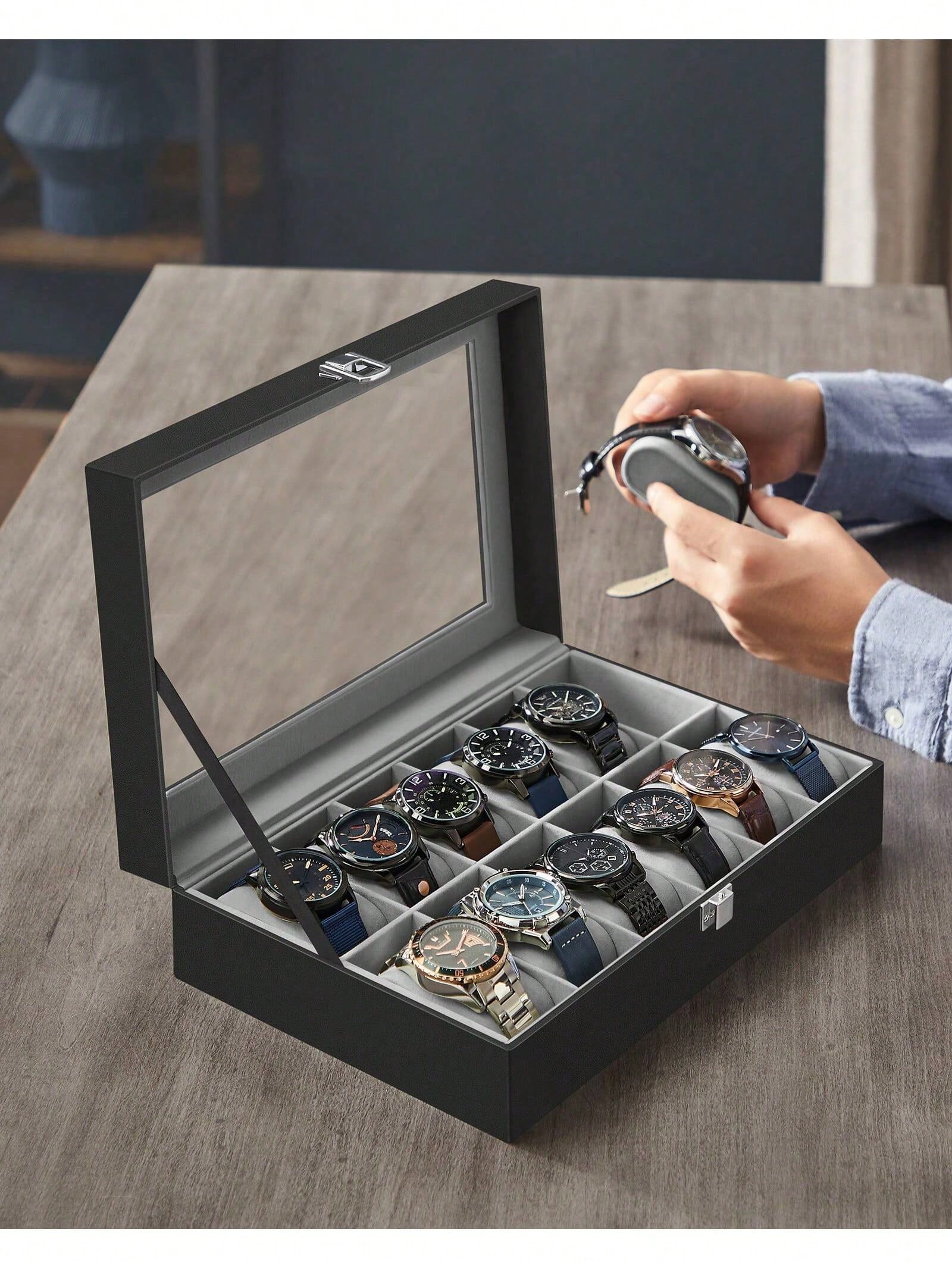 유리 뚜껑과 서랍이 있는 12슬롯 잠금식 시계 상자,  - Jewelry Organizer Watches 리뷰 및 가격